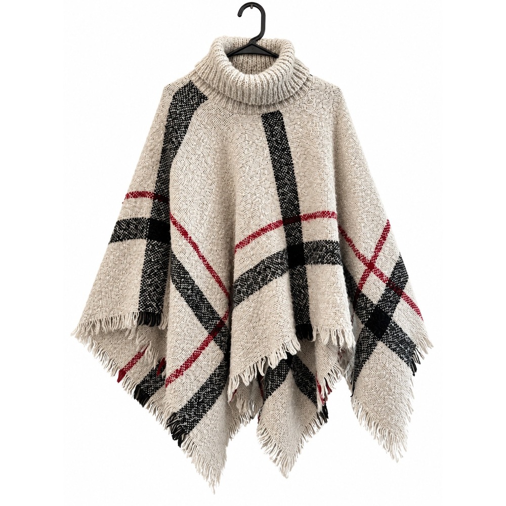 Womens Plaid Turtleneck Poncho Cream Black Red Fringed Knit Cape One Size